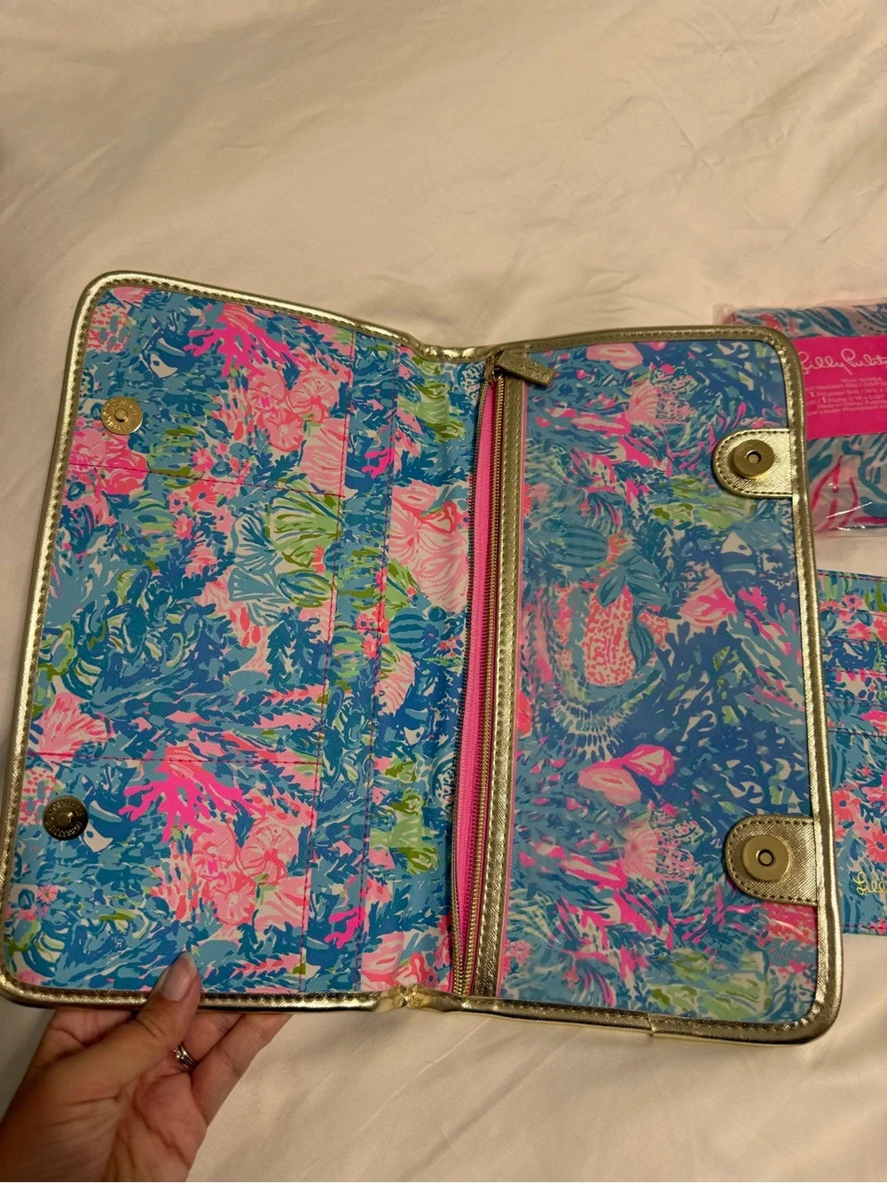 Lilly Pulitzer Blue Pink Green Tropical Travel Set with Gold Trim